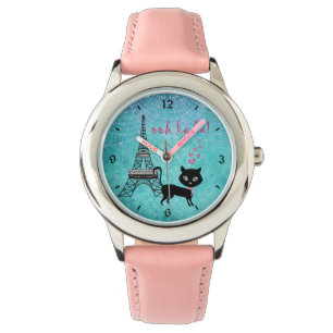 Oh La Paris Katze mit Eiffelturm und Lichter Armbanduhr