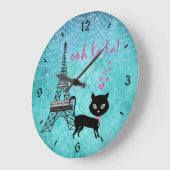 Oh La Paris Katze mit Eiffelturm und Lichter Große Wanduhr (Winkel)