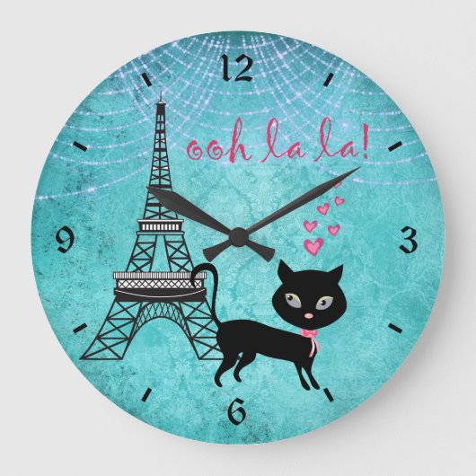 Oh La Paris Katze mit Eiffelturm und Lichter Große Wanduhr (Vorderseite)