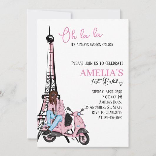 Oh la Paris Pink Geburtstag Einladung (Vorderseite)