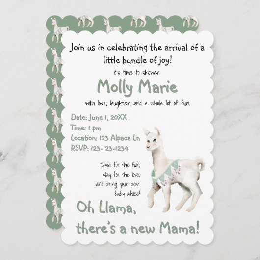 Oh llama Mama Baby Dusche Einladung (Vorne/Hinten)