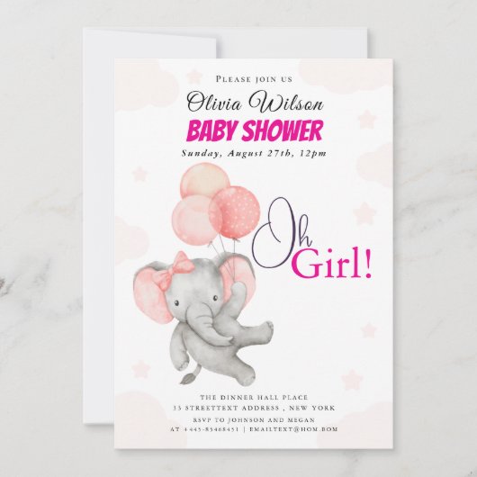 Oh Mädchen Elefant Baby Shower Einladung (Vorderseite)