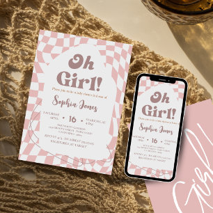 Oh Mädchen! rosa geprüft Gingham Babydusche Einladung