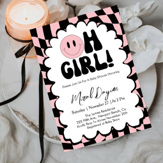 Oh Mädchen! Rosa karierte fröhliche Baby-Party Einladung