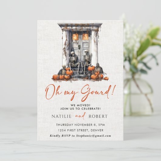 Oh mein Gourd Pumpkin Skeleton Housewarming Party Einladung (Stehend Vorderseite)