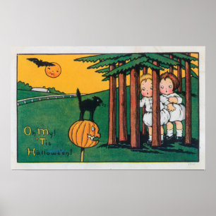 Oh, mein Halloween Black Cat Scaring Kids Poster
