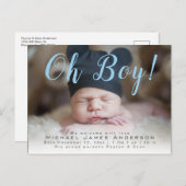 Oh! Moderne Skript-Baby-Jungen-Foto-Geburt Ankündigungspostkarte (Vorne/Hinten)