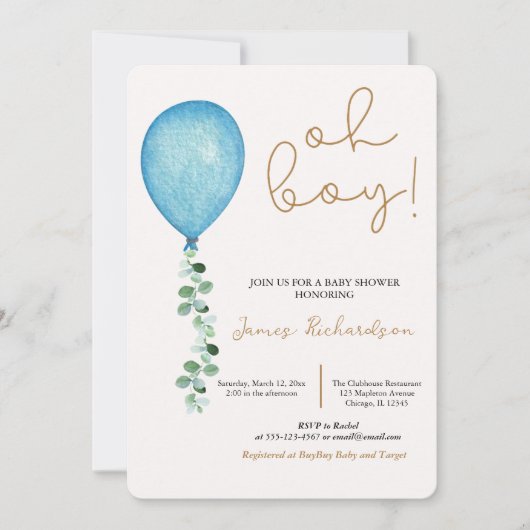 Oh niño beige modernos globos azules bebé einladung (Vorderseite)
