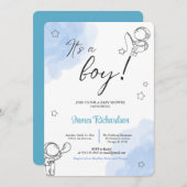 Oh niño eucaliptos modernos globos azules bebé einladung (Vorne/Hinten)