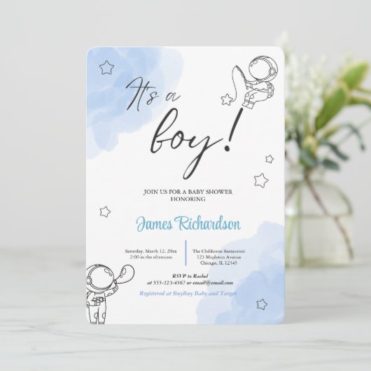 Oh niño eucaliptos modernos globos azules bebé einladung (Stehend Vorderseite)