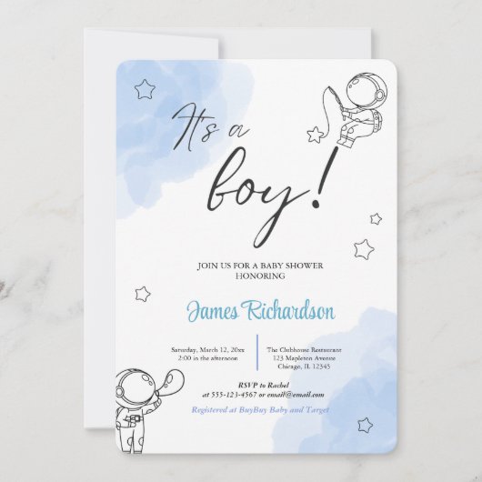 Oh niño eucaliptos modernos globos azules bebé einladung (Vorderseite)