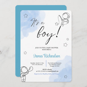 Oh niño eucaliptos modernos globos azules bebé einladung