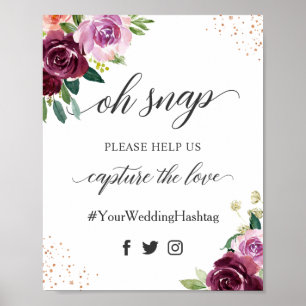 Oh Snap Hashtag Pflaume Lila Floral Hochzeitsschil Poster
