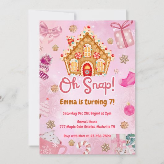 Oh Snap Pink Gingerbread Haus Einladung zum Geburt (Vorderseite)