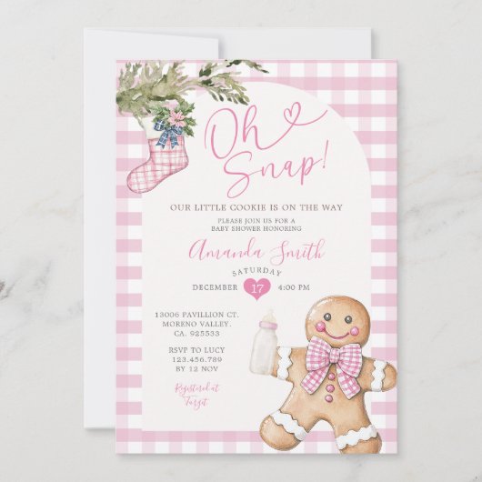 Oh Snap Pink Gingham Christmas Girl Baby Shower Einladung (Vorderseite)