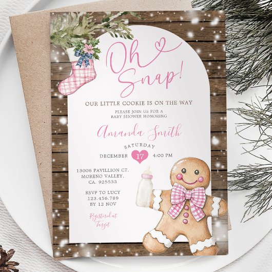 Oh Snap Pink Gingham Christmas Woods Baby Dusche Einladung