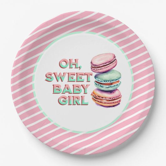 Oh Sweet Baby Girl Macaron Themed Baby Dusche Pappteller (Vorderseite)
