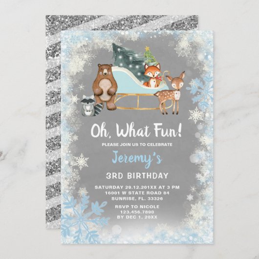 Oh, was Fun Woodland Animal Snowflakes Sleigh Einladung (Vorne/Hinten)