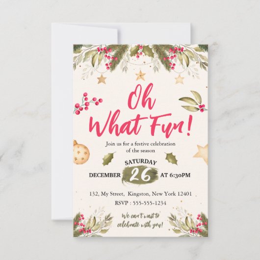 Oh, was Spaß! Aquarell und Natur Weihnachten Party Einladung (Vorderseite)