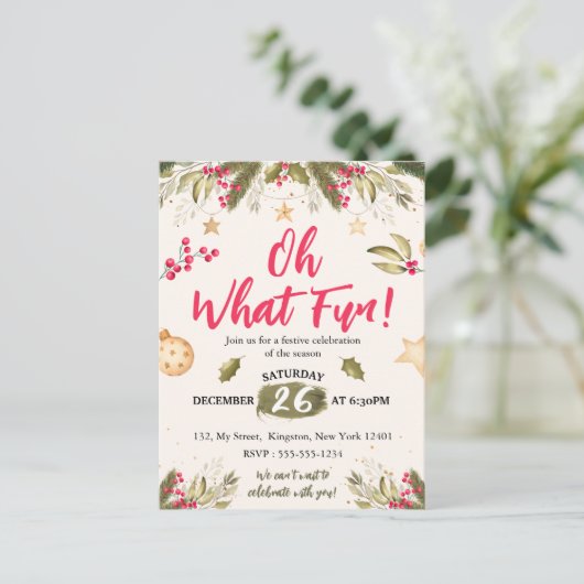 Oh, was Spaß! Aquarell und Natur Weihnachten Party Einladungspostkarte (Stehend Vorderseite)