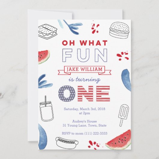 Oh, was Spaß, einer zu sein, Red White Blue 1. Geb Einladung (Vorderseite)