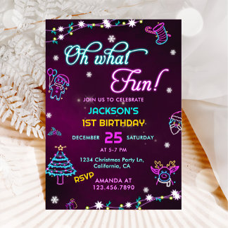 Oh, was Spaß Lila Neon Moderne Weihnachten Geburts Einladung