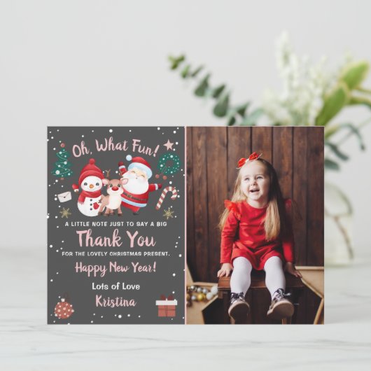 Oh, was Spaß Pink Black Christmas Party Foto Dankeskarte (Stehend Vorderseite)