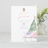 Oh, was Spaß Pink & Silver Winter Schlitten Geburt Einladung (Stehend Vorderseite)