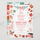 Oh, was Spaß Pink Weihnachten 1. Geburtstag Einladung (Vorne/Hinten)