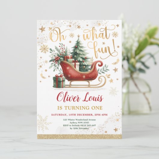 Oh, was Spaß | Red Gold Winter Wonderland Geburtst Einladung (Stehend Vorderseite)