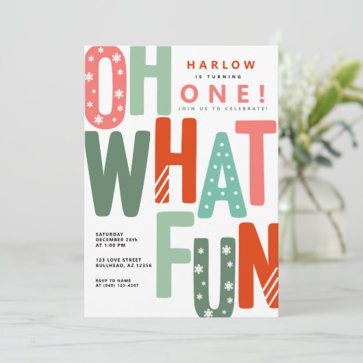 Oh, was Spaß Retro farbenfrohe Weihnachten 1. Gebu Einladung (Stehend Vorderseite)