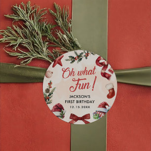 Oh, was Spaß Weihnachten erste Geburtstagsparty Runder Aufkleber