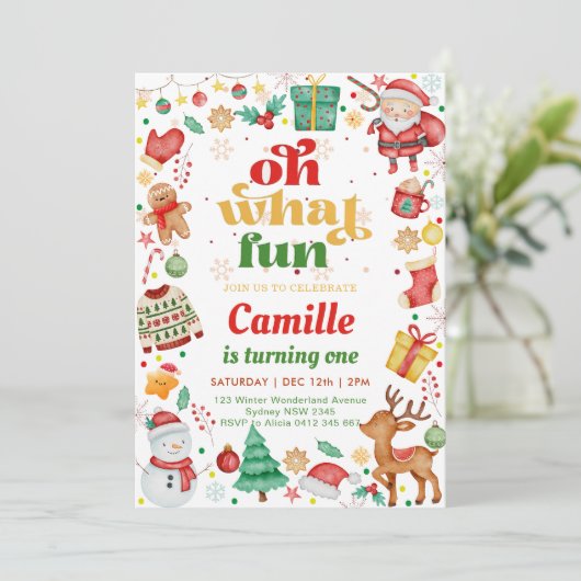 Oh, was Spaß Weihnachten Geburtstag Einladung (Stehend Vorderseite)