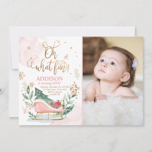 Oh, was Spaß Winter Onederland Sleigh 1. Geburtsta Einladung (Vorderseite)