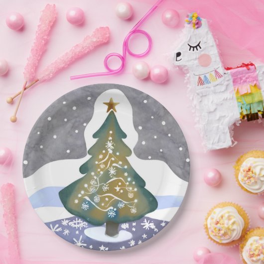 Oh Weihnachtsbaum | Wasserfarbene Winterfarbe Pappteller (Party)