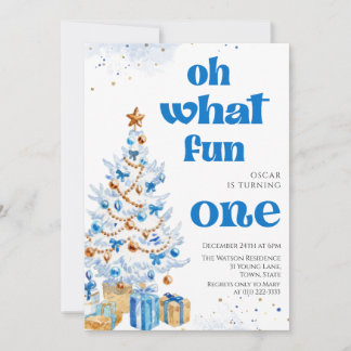 Oh what fun Blue tree christmas birthday Einladung