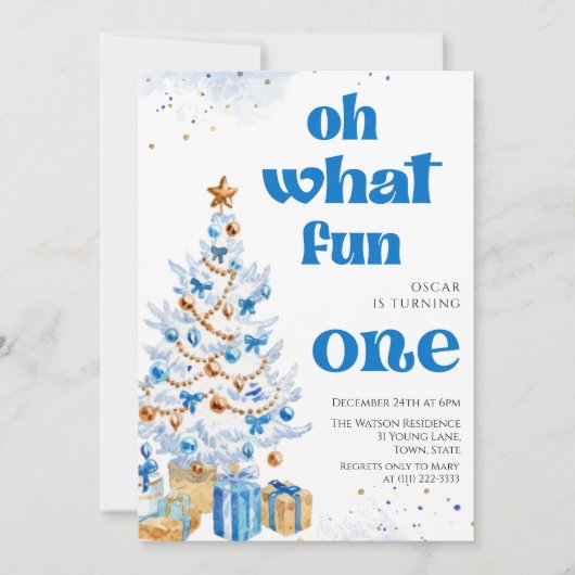 Oh what fun Blue tree christmas birthday Einladung (Vorderseite)
