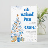 Oh what fun Blue tree christmas birthday Einladung (Stehend Vorderseite)
