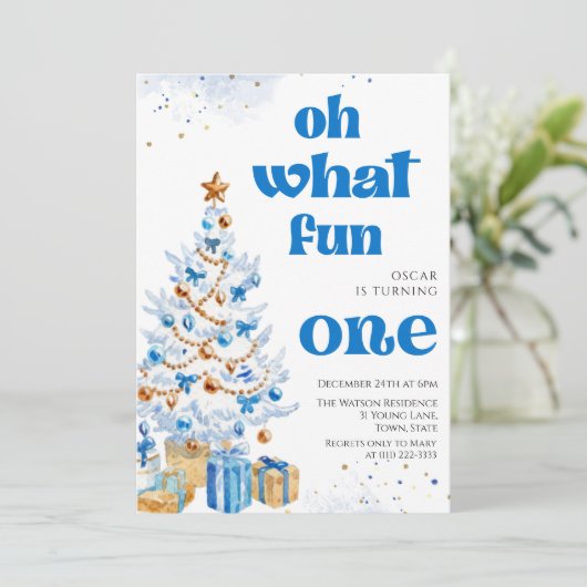 Oh what fun Blue tree christmas birthday Einladung (Stehend Vorderseite)