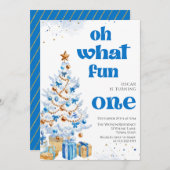 Oh what fun Blue tree christmas birthday Einladung (Vorne/Hinten)