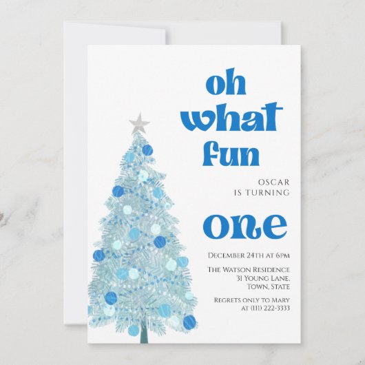 Oh what fun Blue tree christmas Boy birthday Einladung (Vorderseite)
