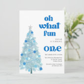 Oh what fun Blue tree christmas Boy birthday Einladung (Stehend Vorderseite)