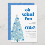 Oh what fun Blue tree christmas Boy birthday  Einladung (Vorne/Hinten)