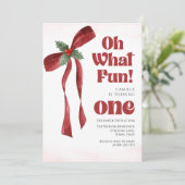 Oh what fun Bow christmas girl birthday Einladung (Stehend Vorderseite)