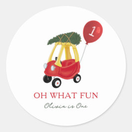 Oh What Fun Christmas Car 1st Birthday Party  Runder Aufkleber