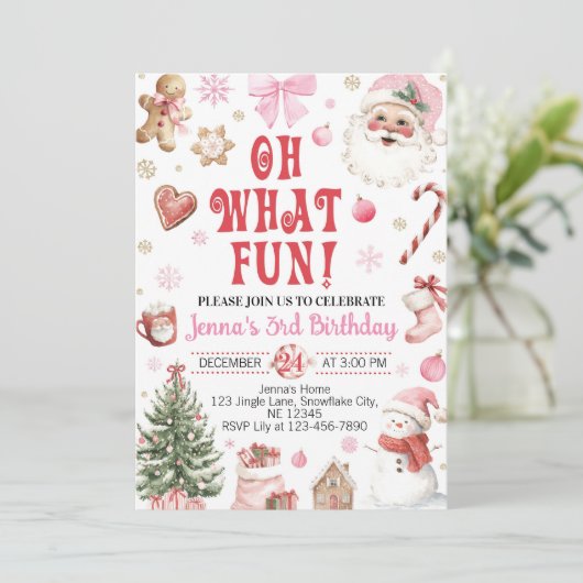 Oh What Fun Christmas Retro Santa Birthday Einladung (Stehend Vorderseite)