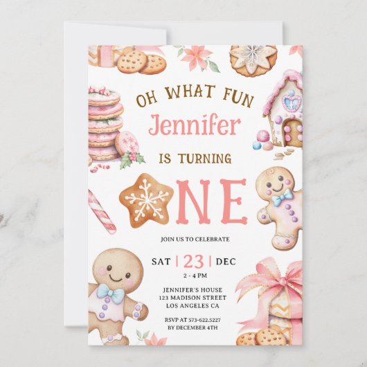Oh What Fun | Gingerbread 1st Birthday Girl Einladung (Vorderseite)