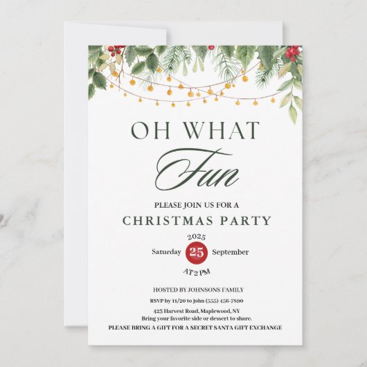 Oh What Fun Greenery String Light Christmas Party Einladung (Vorderseite)