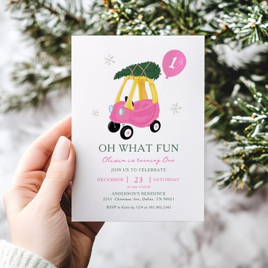 Oh What Fun Pink Car Girl 1st Birthday Invitation Einladung