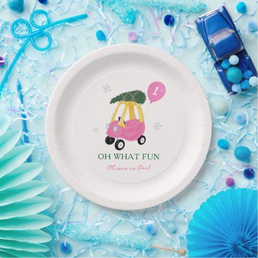 Oh What Fun Pink Christmas Car 1st Birthday Party Pappteller (Party)